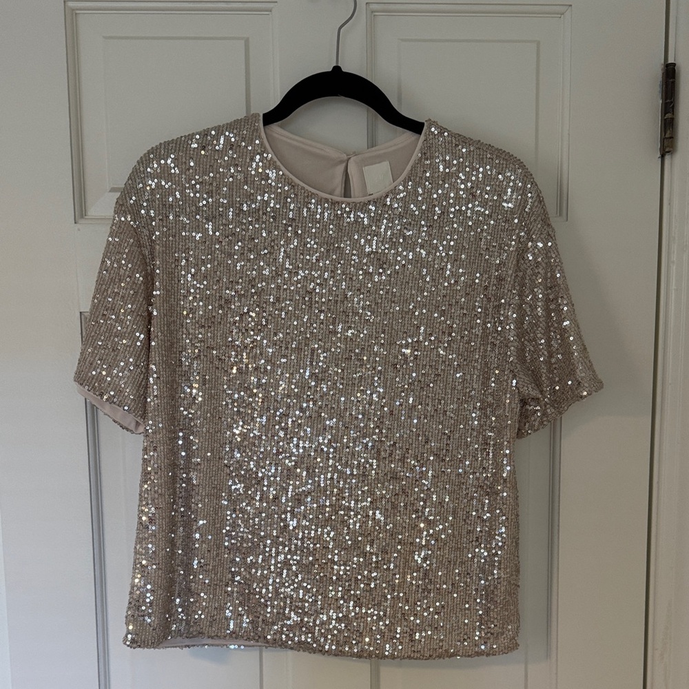 H&M Sequin Short Sleeve Top in Light Champagne